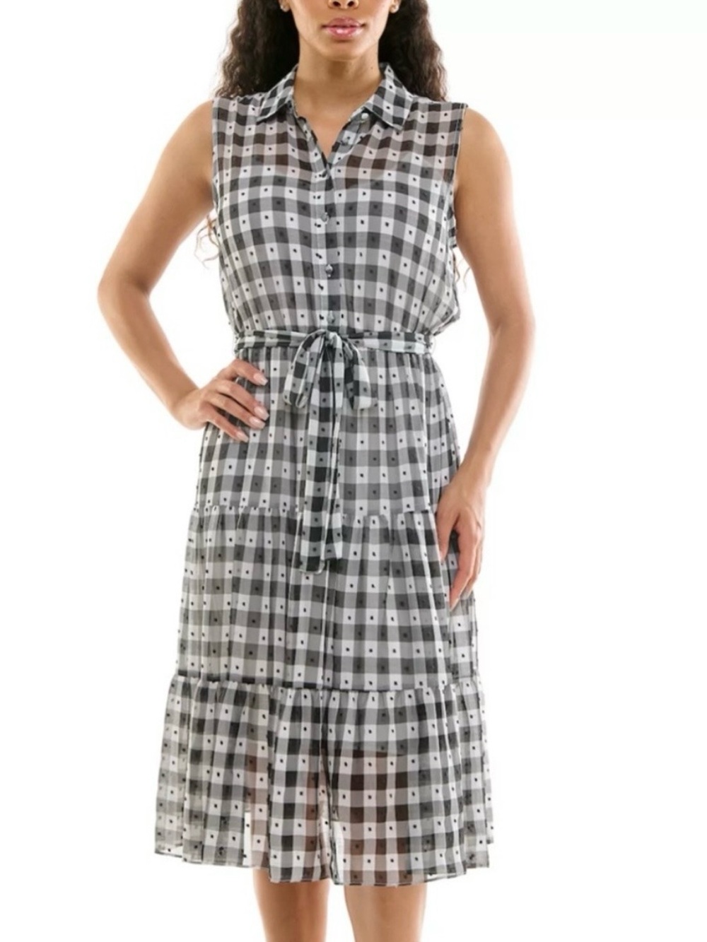 Nanette Lepore NWT 10 Sleeveless Black & White Gingham Tiered lined Midi Dress
